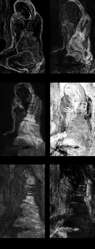 “Distribution maps of a few elements characteristic of the pigments present in the different paint layers of La Miséreuse accroupie. © Northwestern University/Art Institute of Chicago Center for Scientific Studies in the Arts (NU-ACCESS)“